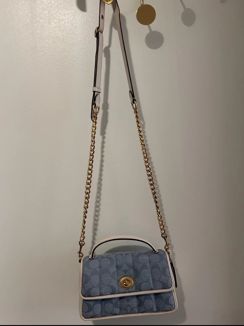 Coach Light Blue Signature Quilted Crossbody with Cream Trim and Gold Hardware